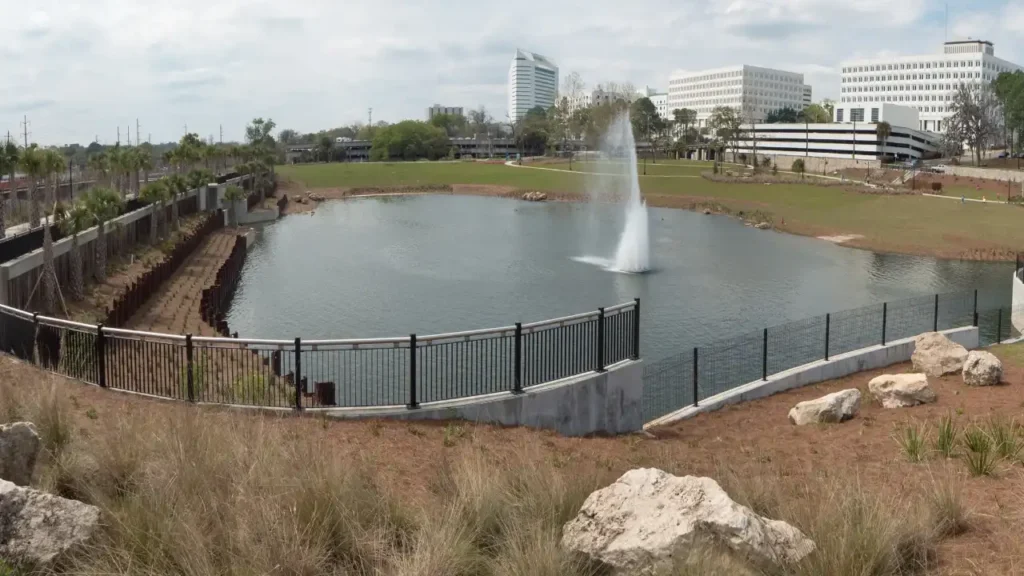 Cascades Park in downtown Tallahassee with fountain and lake