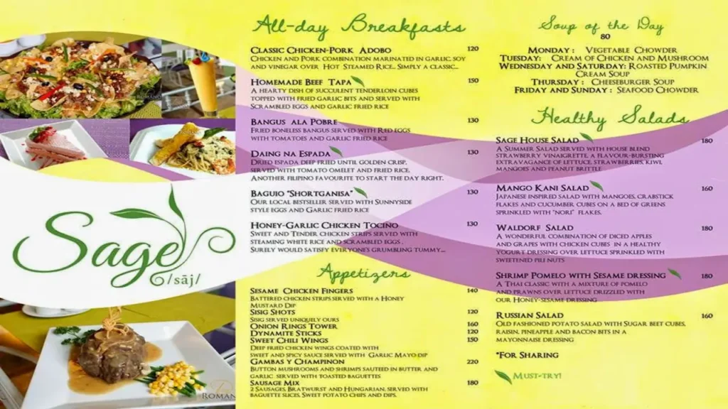 Sage Restaurant Menu