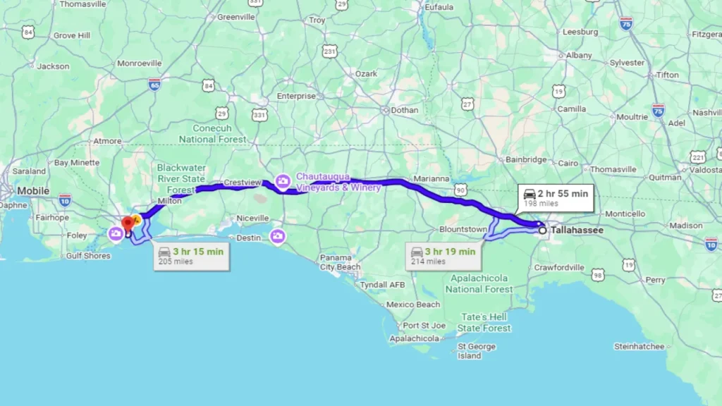 Tallahassee to Pensacola Distance